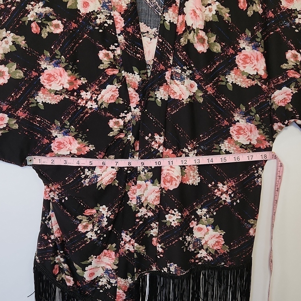 Women's Floral Print Fringe Hem Open Front Kimono Sleeve Shrug Cardigan Size L - Picture 9 of 9
